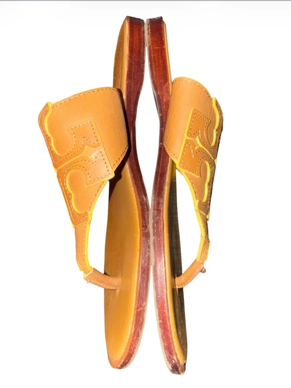 Tory Burch Jamie Full Logo Thong Sandals Size 8 Tan Yellow Leather Flip Flops